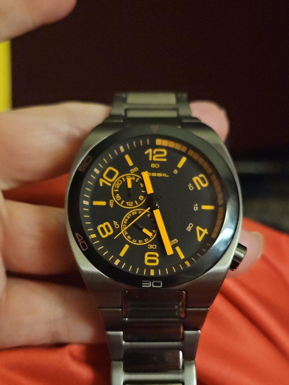 Fossil Men's Black and Orange Stainless Steel Chronograph Watch